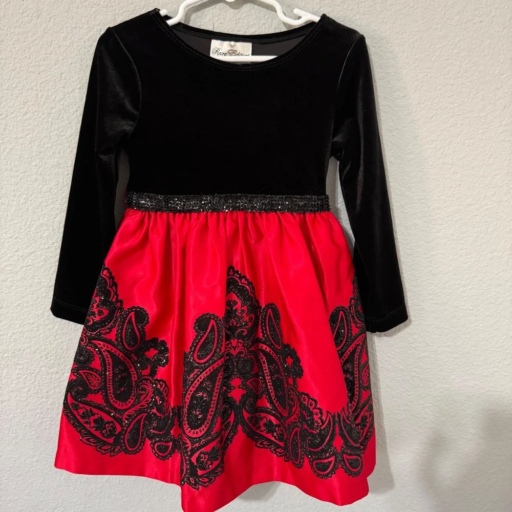 Rare Editions 4T Girls Black‎ Velvet Red Satin Paisley Sequin Holiday Dress